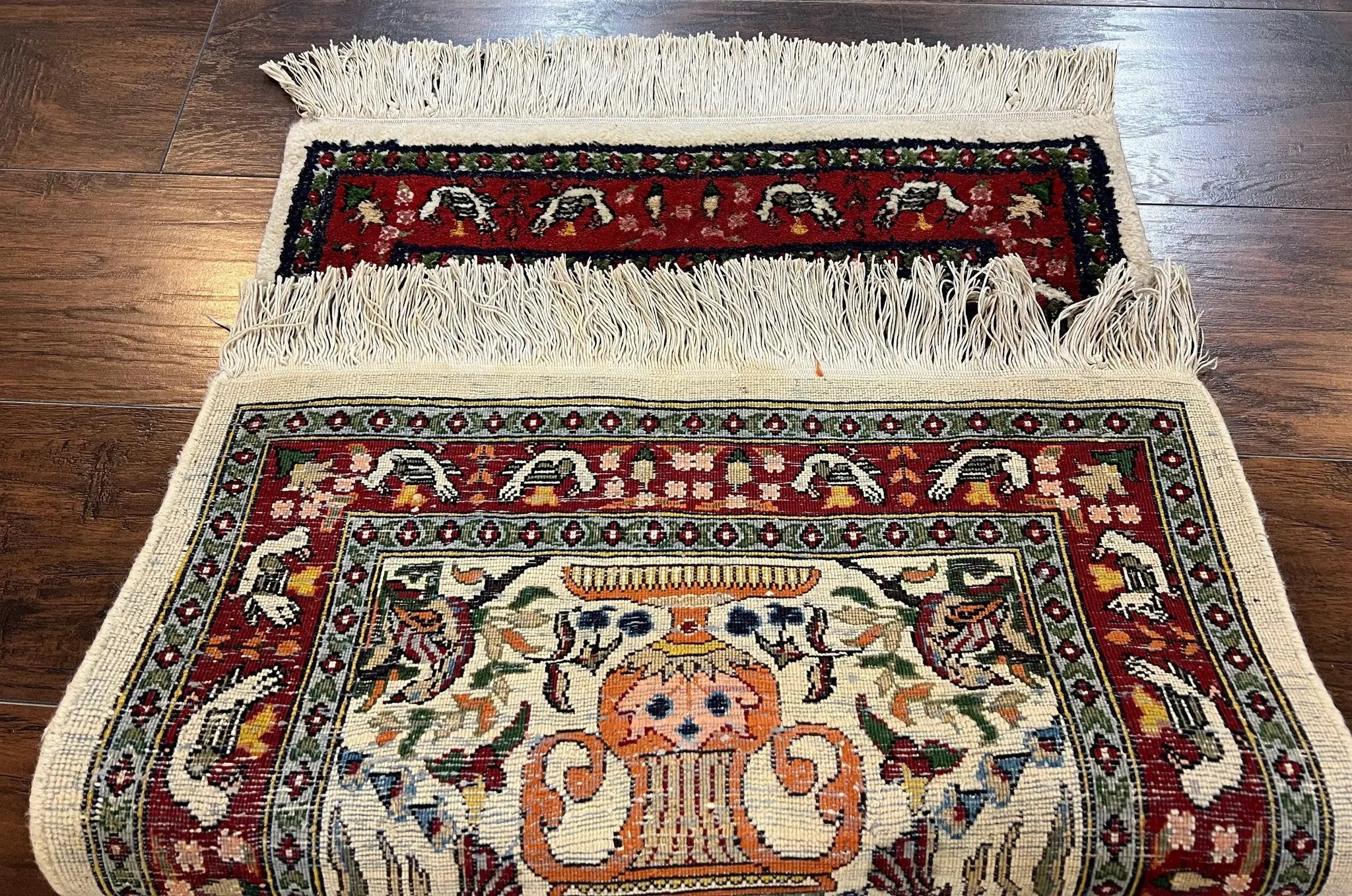 Small Indo Persian Rug 2x3 ft, Wool with Silk Highlights, Animal Pictorials, Birds by Jewel Rugs
