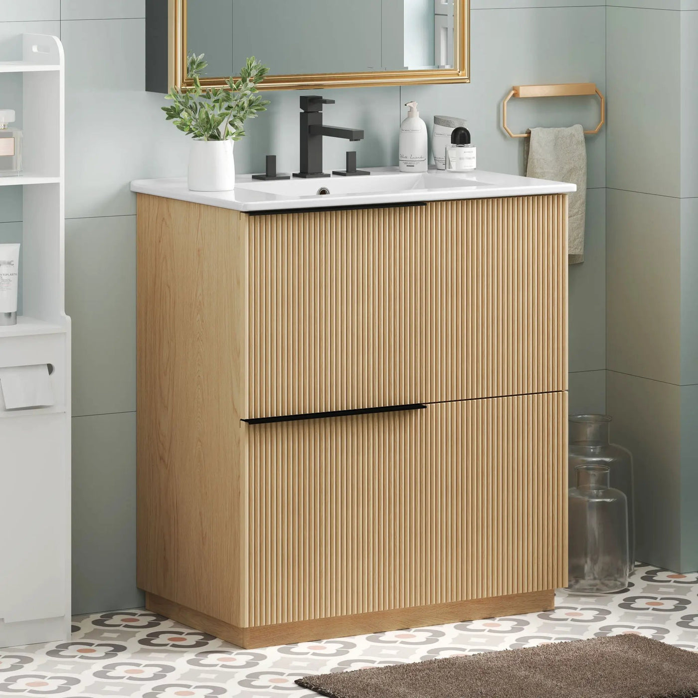 Fluted Bathroom Vanity With Ceramic Sink and Soft-Close Slides by HouseOfZazla