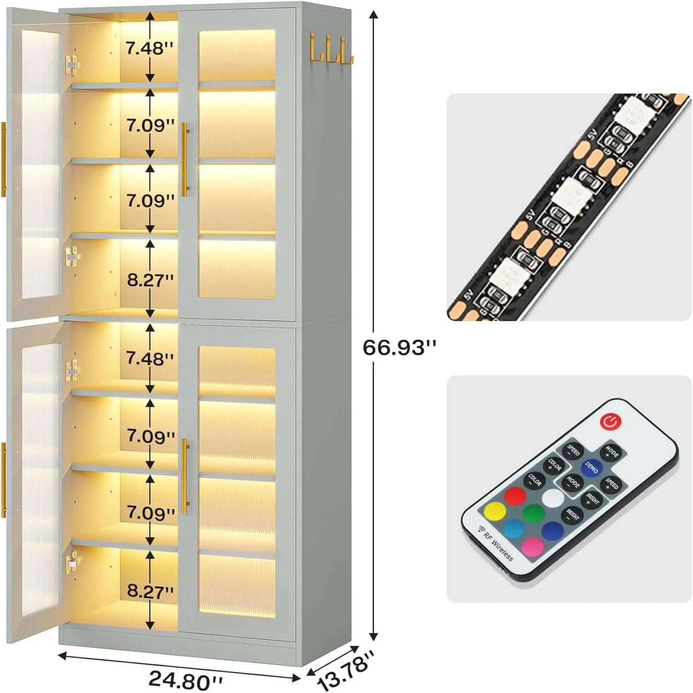 Bookcase With Doors And LED Lighting, 8 Adjustable Shelves Storage Cabinet by HouseOfZazla