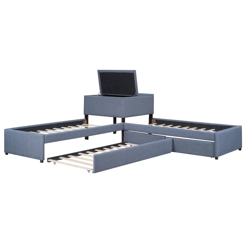 L Shaped Upholstered Platform Bed With Trundle And 2 Drawers Linked With Built In Desk by HouseOfZazla