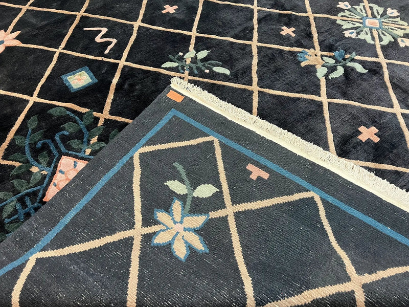 Tibetan Rug 9x12, Hand Knotted Tibet Nepali Contemporary Carpet 9 x 12 ft, Black and Tan, Handmade Area Rug Room Sized, Nepalese Rug by Jewel Rugs