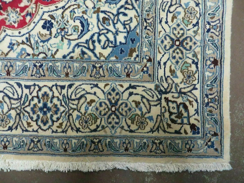 Square Persian Nain Rug 6'3" x 6' 8", Hand-Knotted, Wool with Silk Accents, Ivory Red Blue by Jewel Rugs