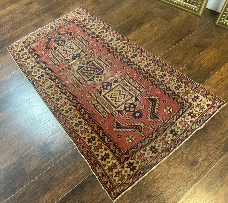 Antique Turkish Sparta Rug 3x6, Geometric Caucasian Kazak Pattern, Handmade by Jewel Rugs