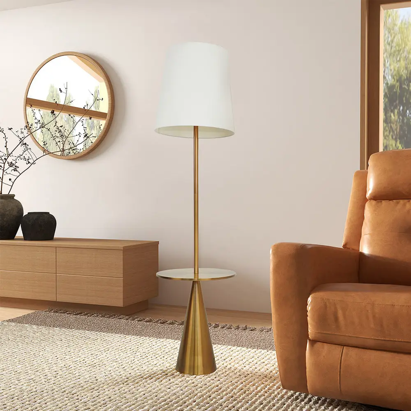 Celestial Modern Floor Lamp with Brass Accent Table and Large White Shade by BLAKHOM
