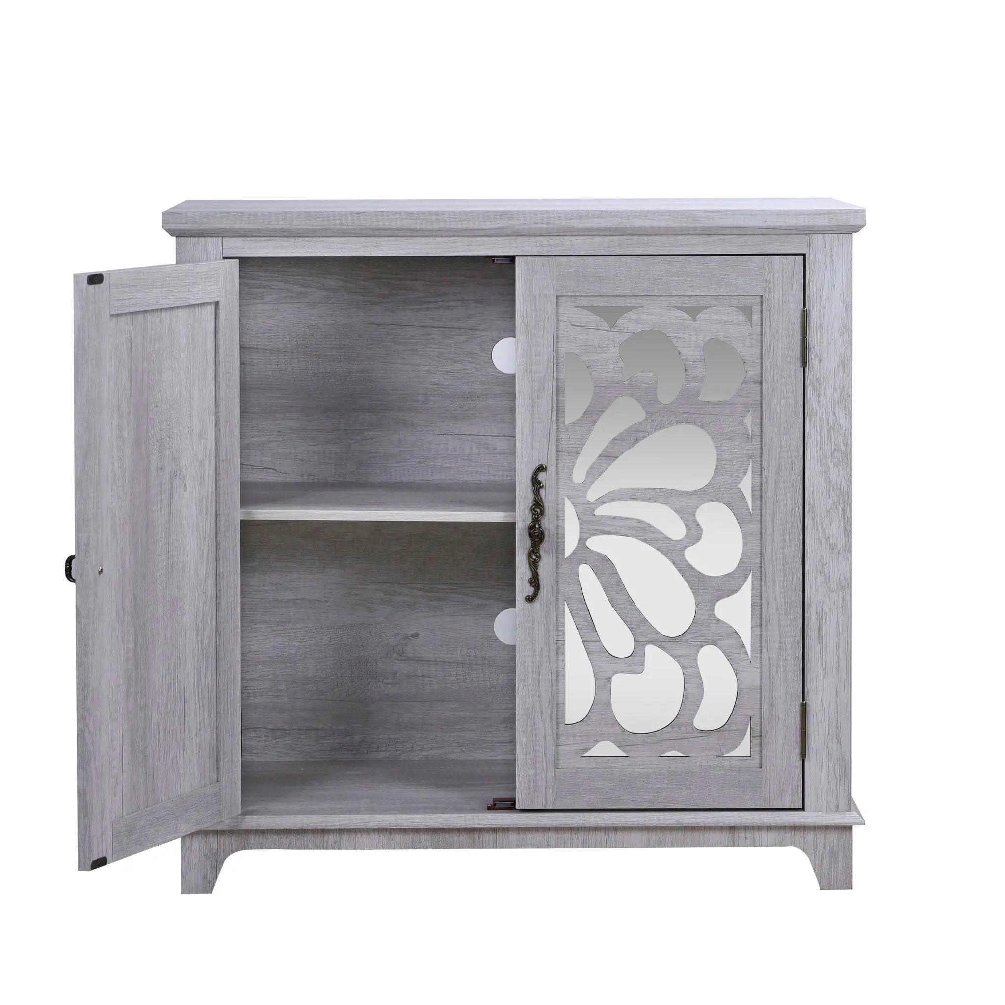 Elegant Sideboard With 2 Acrylic Mirrored Doors, Adjustable Shelf Storage