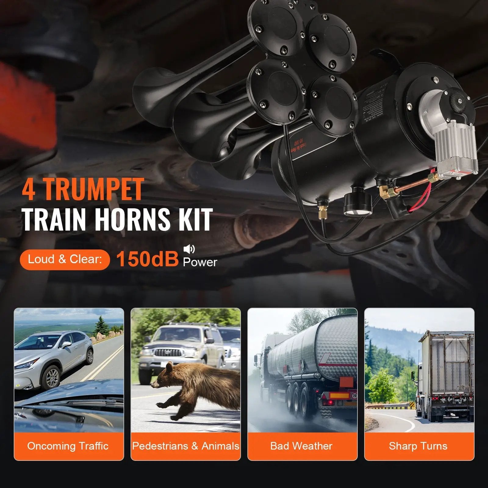 Train Horns Kit, 4 Trumpet Air Horn Kit, 150dB for Pickup Trucks by HouseOfZazla