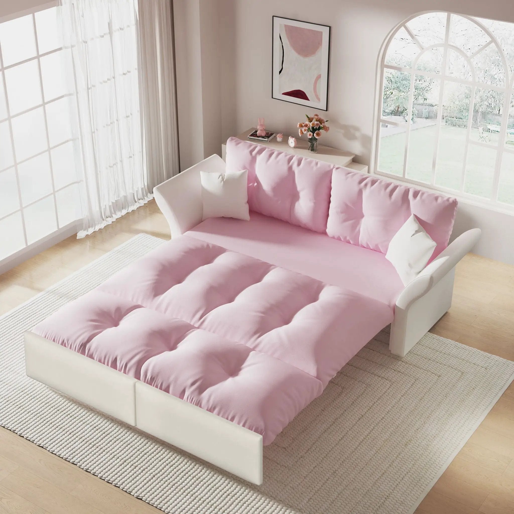 Queen Pull Out, 3 In 1 Convertible Sleeper Tufted Sofa & 2 Soft Pillows by HouseOfZazla