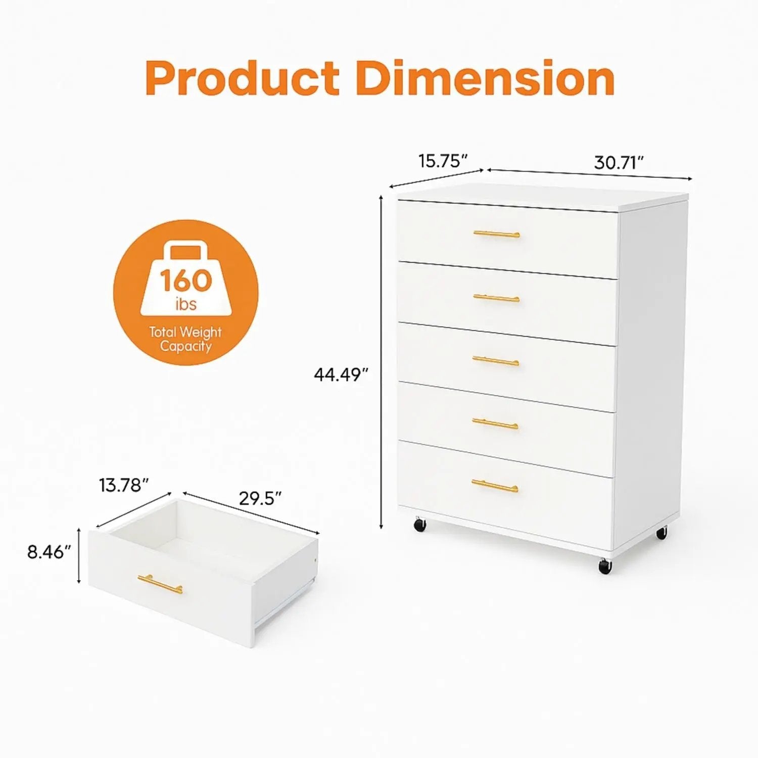 5 Drawer Dresser With Handles - White by Unique Piece Furniture