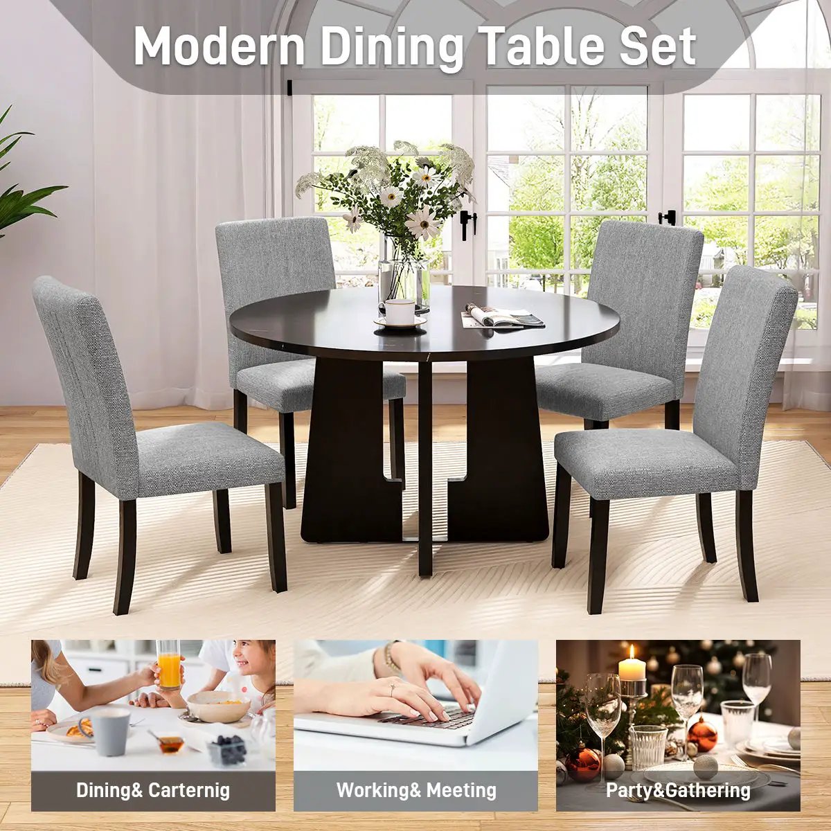 5 Piece Round Dining Table Set, Modern Table And 4 Upholstered Chairs For Dining Room by Unique Piece Furniture
