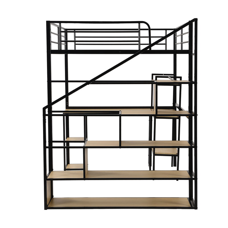 Full Size Loft Bed With Staircase, Built In Desk And Shelves And Sleeping Surface - Black by HouseOfZazla