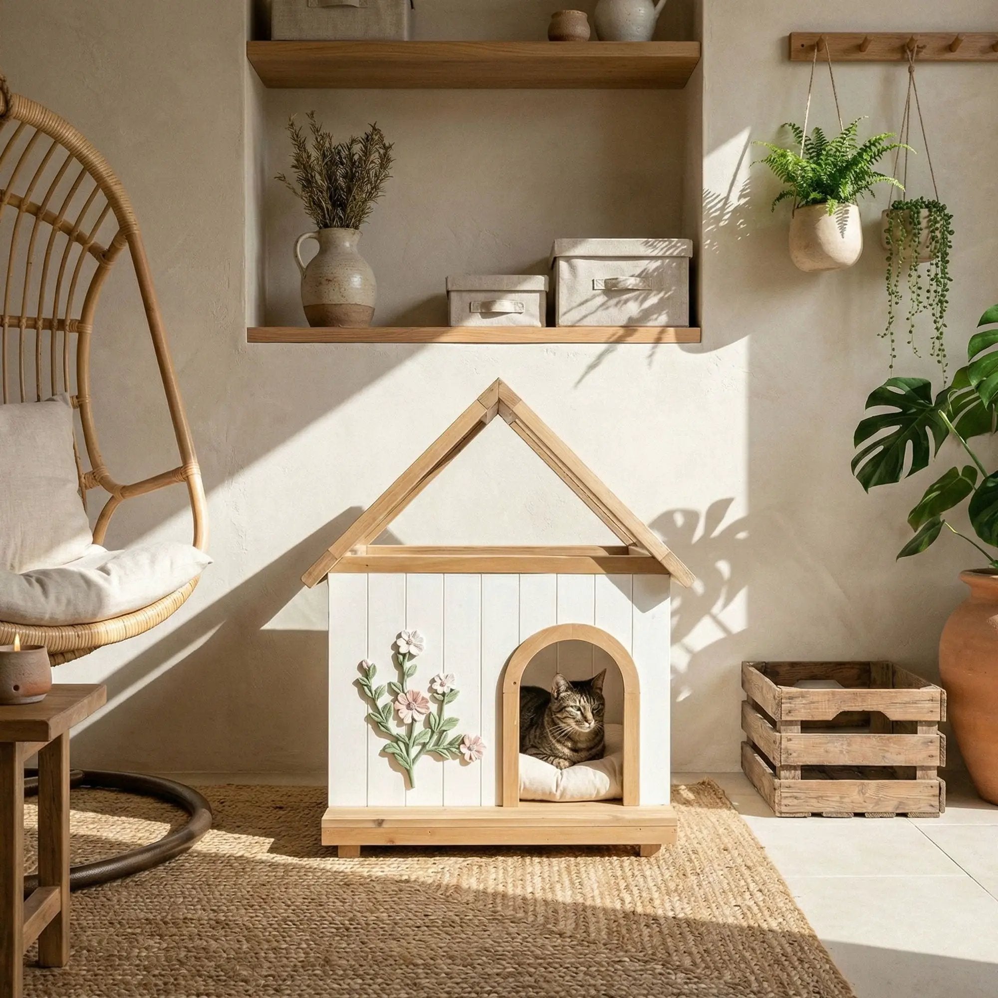 Daisy Cat House With Roof & Indoor Outdoor Pet Shelter For Cats & Small Dogs (11–25 Lbs) - White / Wood by HouseOfZazla
