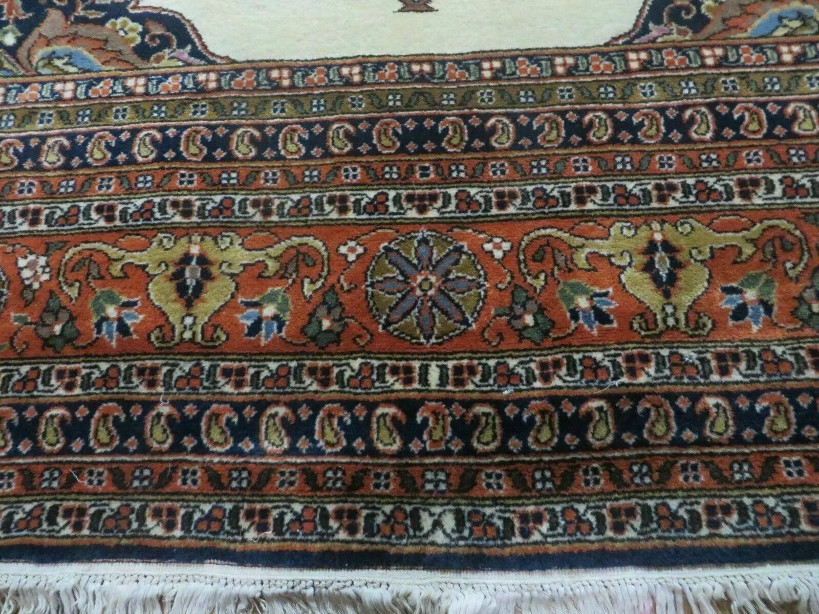 Indo Persian Rug 9x12, Semi Open Field Medallion, Ivory Tomato Red Navy Blue, Hand Knotted Indian Oriental Wool Carpet 9 x 12 ft, Room Sized by Jewel Rugs