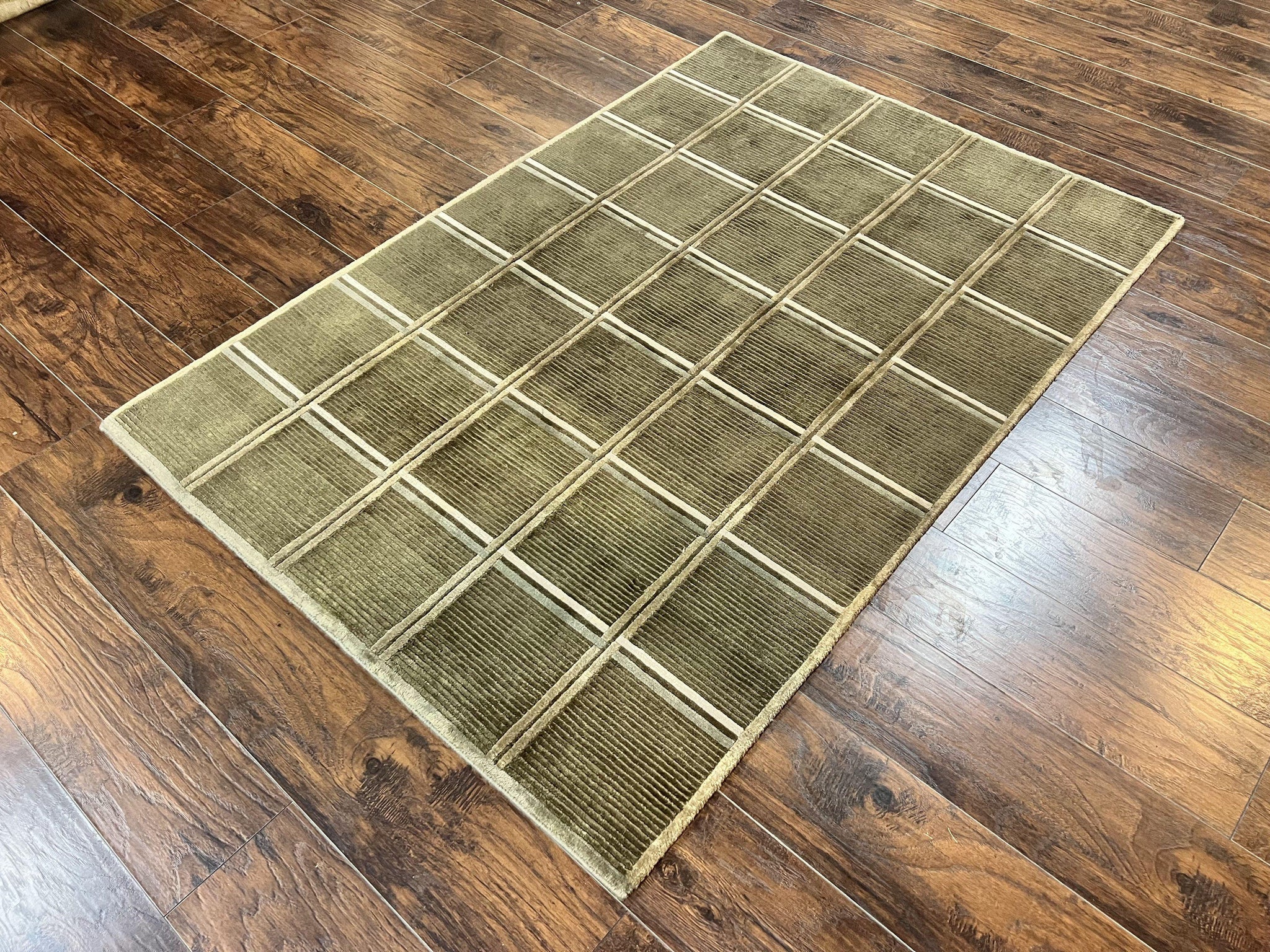 Tibetan Rug 4x6, Green Wool Handmade Area Rug 4 x 6, Panel Design, Modern Contemporary by Jewel Rugs