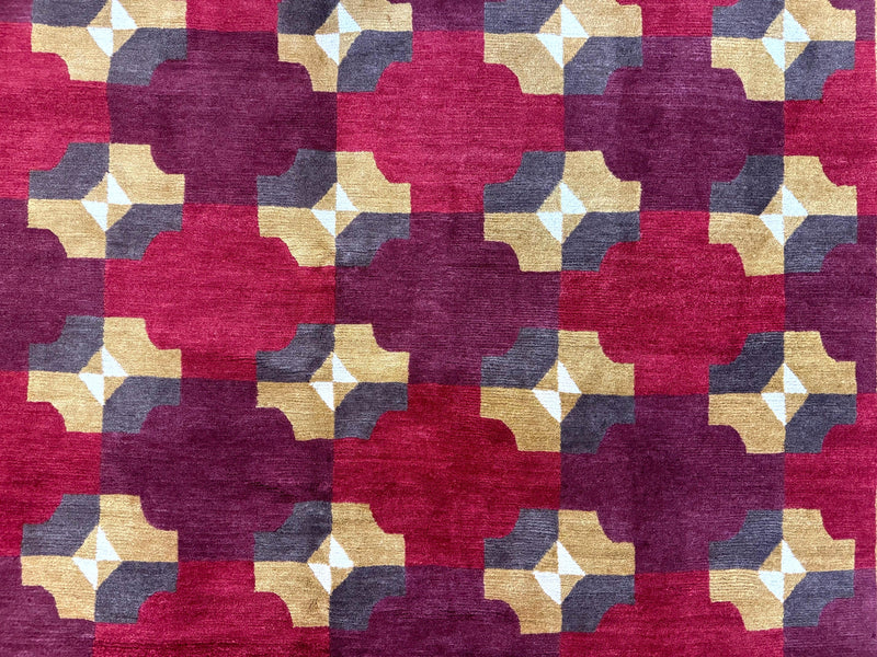 Modern Tibetan Rug 5 x 6.8, Wool, Red, Allover Pattern, Nepali Rug, Abstract Rug, Handmade Area Rug by Jewel Rugs