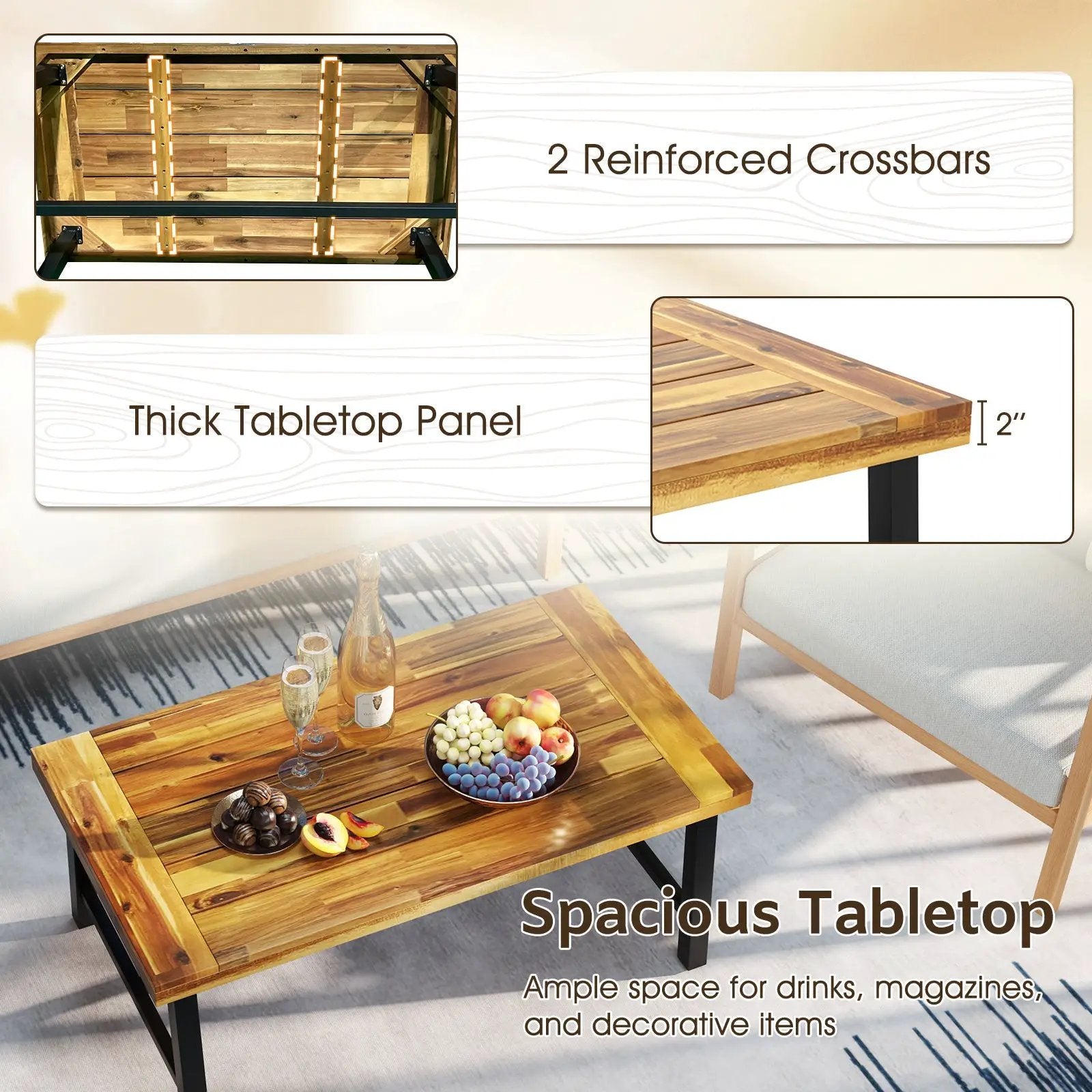 Acacia Wood Coffee Table with Thickened Top and Heavy-duty Metal Legs by DirectDeals