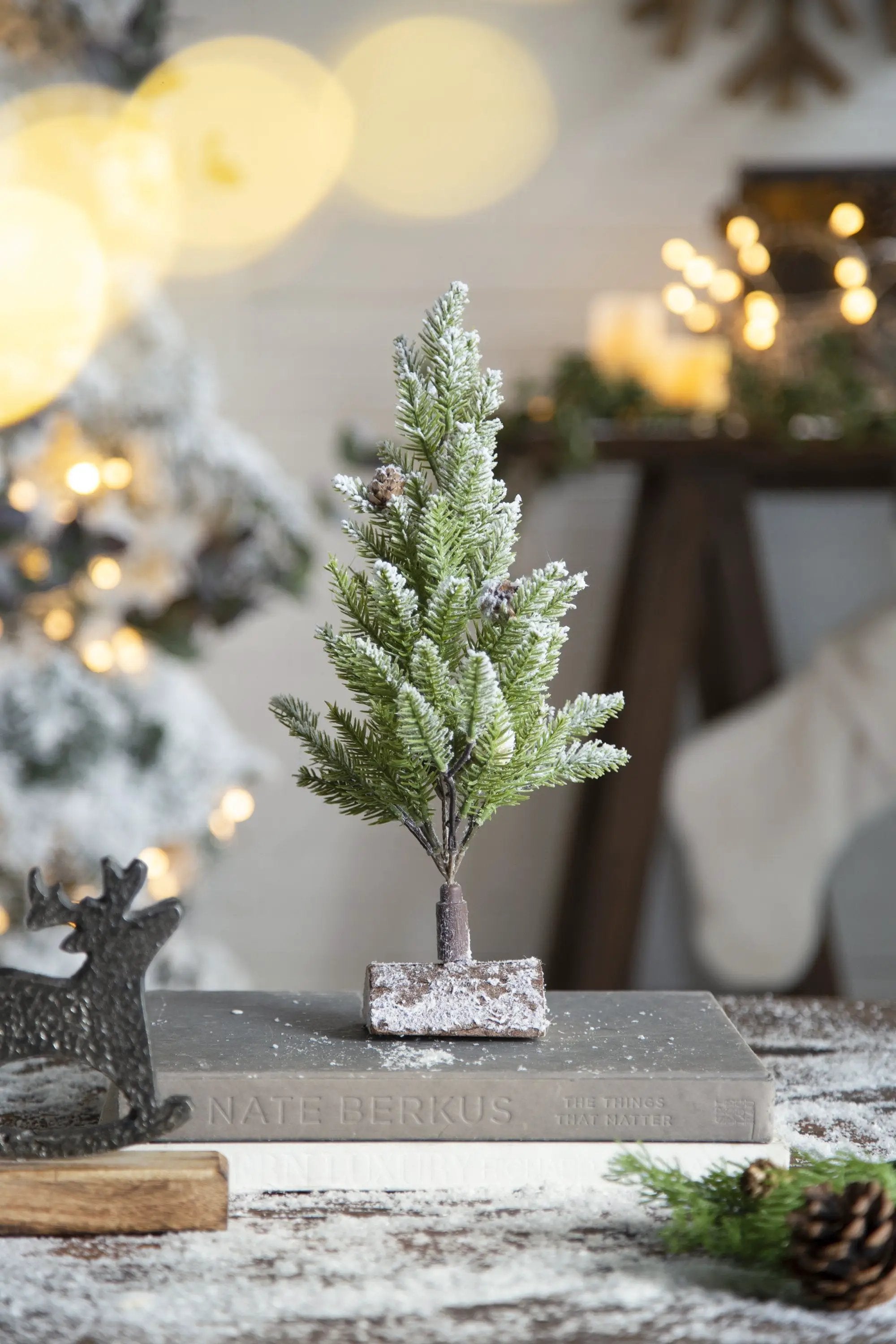 Set of 2, 13.5" Christmas PVC Tree On Wood Base With Snow by HouseOfZazla