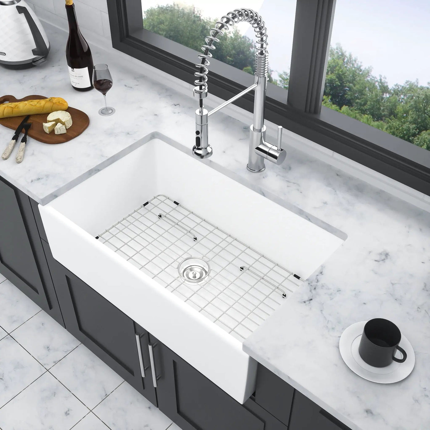 Ceramic Farmhouse Sink With Deep Basin And Stainless Steel Grid by HouseOfZazla