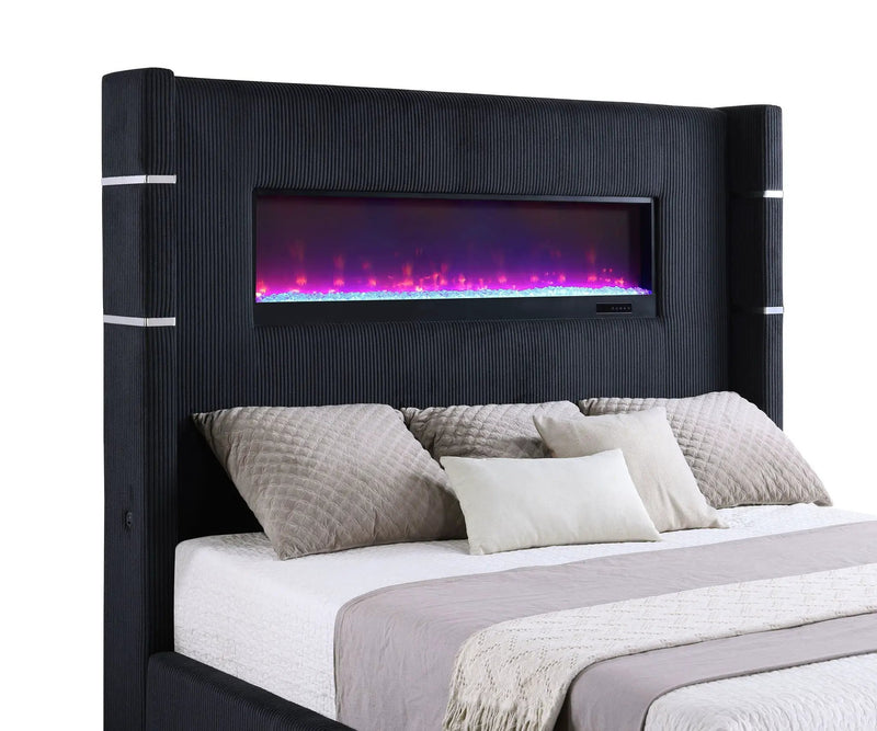Tisdall Upholstered Queen Flame Visualizer Bed Black by Unique Piece Furniture