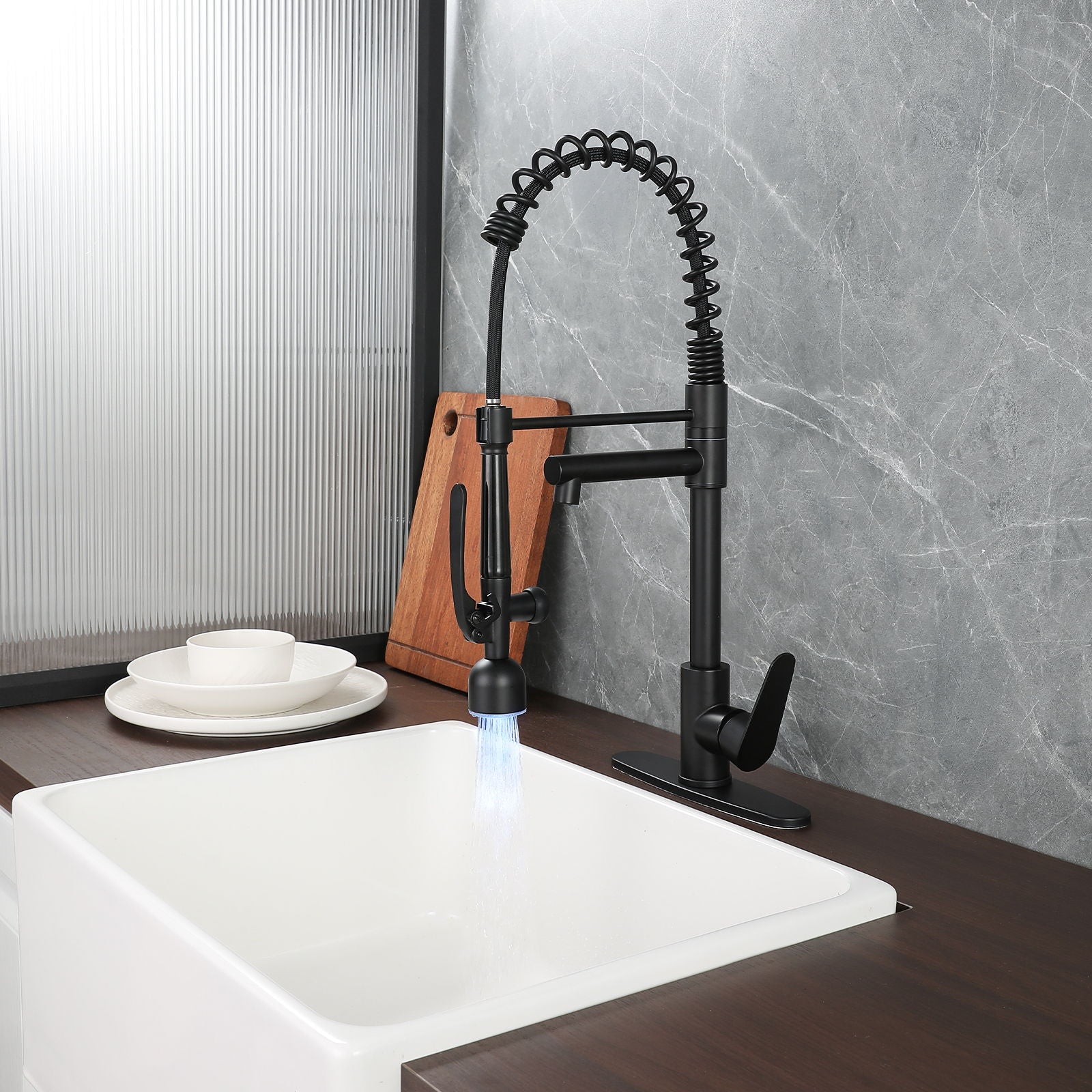 Kitchen Sink Faucet With LED Pull Down Sprayer, Single Handle High Arc Faucet, Dual Spouts, Deck Mount - Matte Black by HouseOfZazla