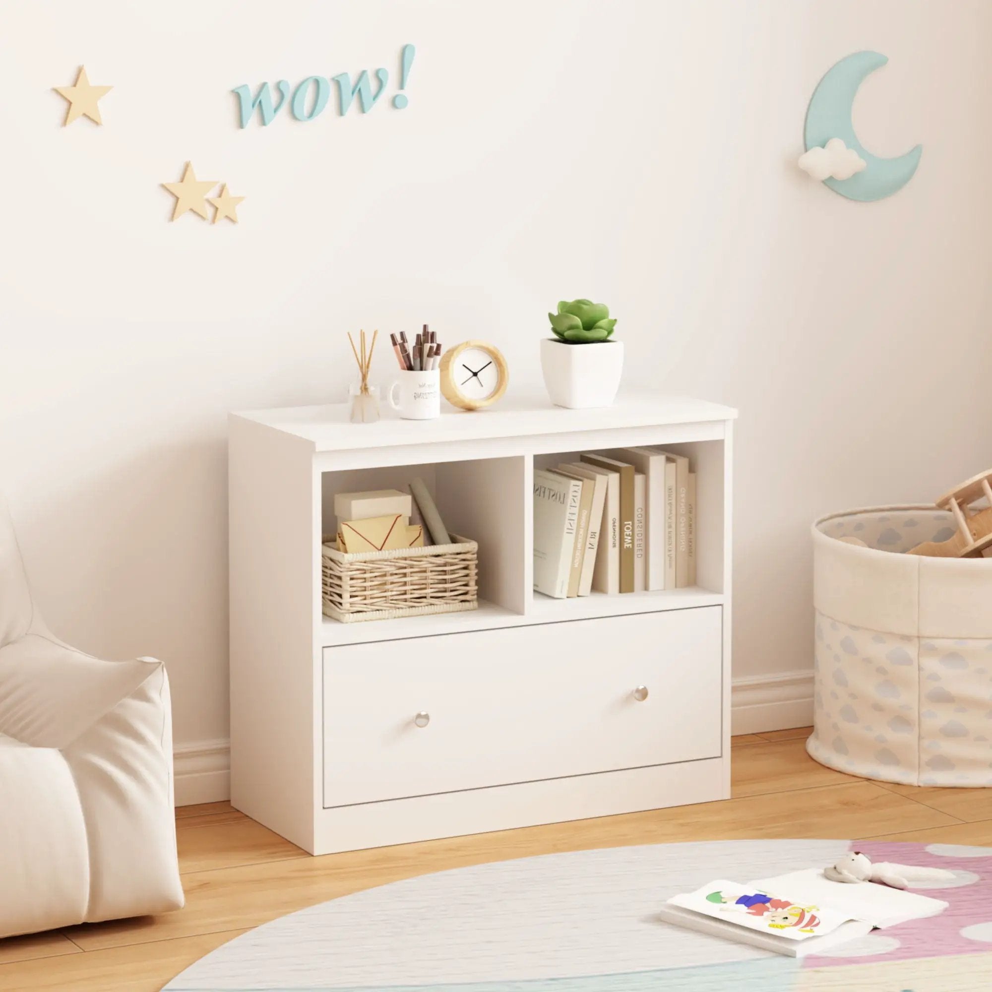Toy Storage Organizer With Large Drawer And Low Bookshelf For Nursery & Playroom - White by HouseOfZazla