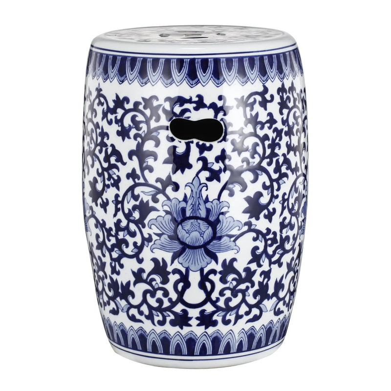 Ceramic Garden Stool, Small Side Tabel - White / Blue by Unique Piece Furniture