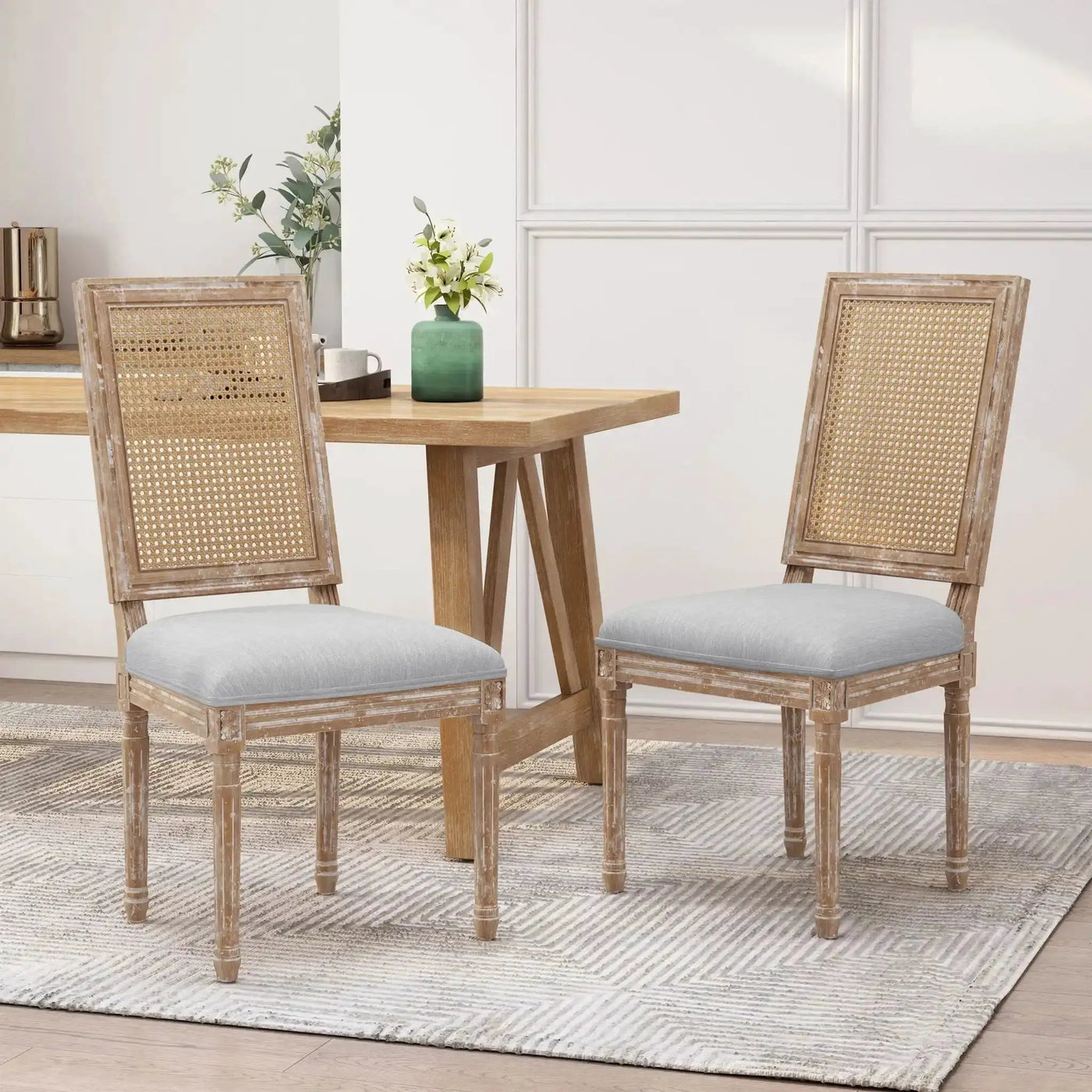 French Country Dining Chair With Rectangular Cane Backrest And Smooth Upholstered Seating by HouseOfZazla