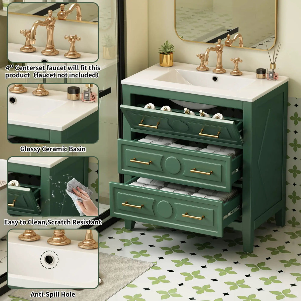 Retro Bathroom Vanity With Sink Combo, Free Standing Single Set With 3 Drawers, photo 17 of 21