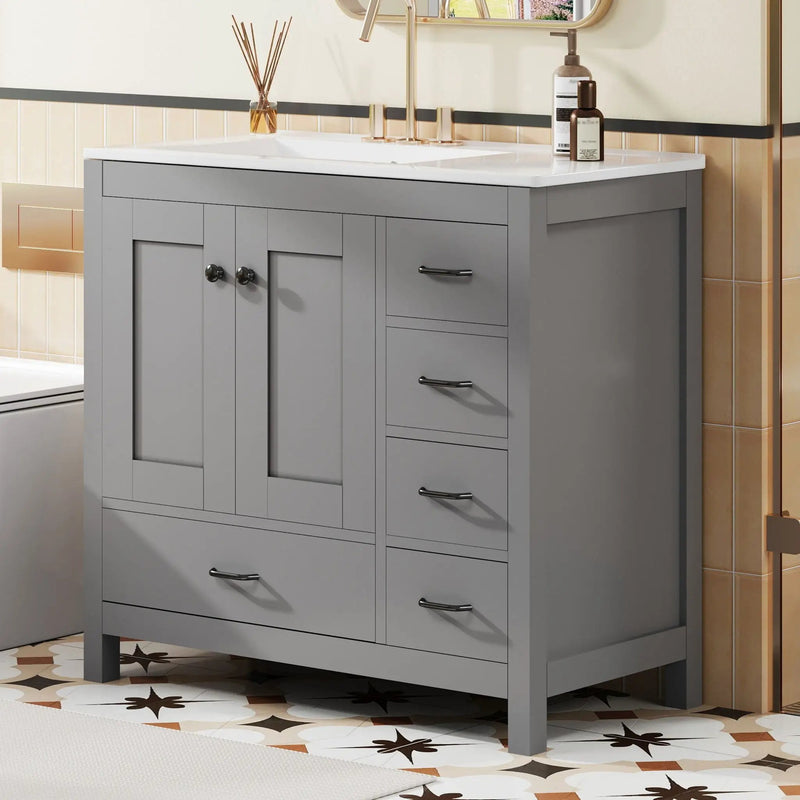 Bathroom Vanity With Ceramic Sink Combo, Abundant Storage Cabinet 2 Soft Close Doors And 5 Drawers by HouseOfZazla