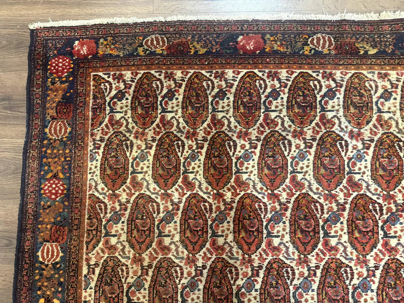 Antique Persian Kurdish Senneh Rug 4.6 x 6.5, Repeated Paisely Boteh Design, Handmade by Jewel Rugs