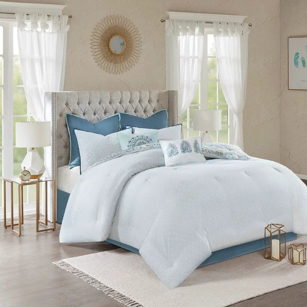 8 Piece Cotton Floral Printed Reversible Comforter Set Blue by HouseOfZazla