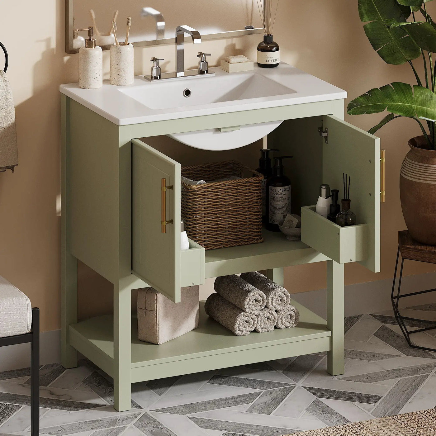 Elegant Bathroom Vanity With Ceramic Sink And Versatile Storage by HouseOfZazla