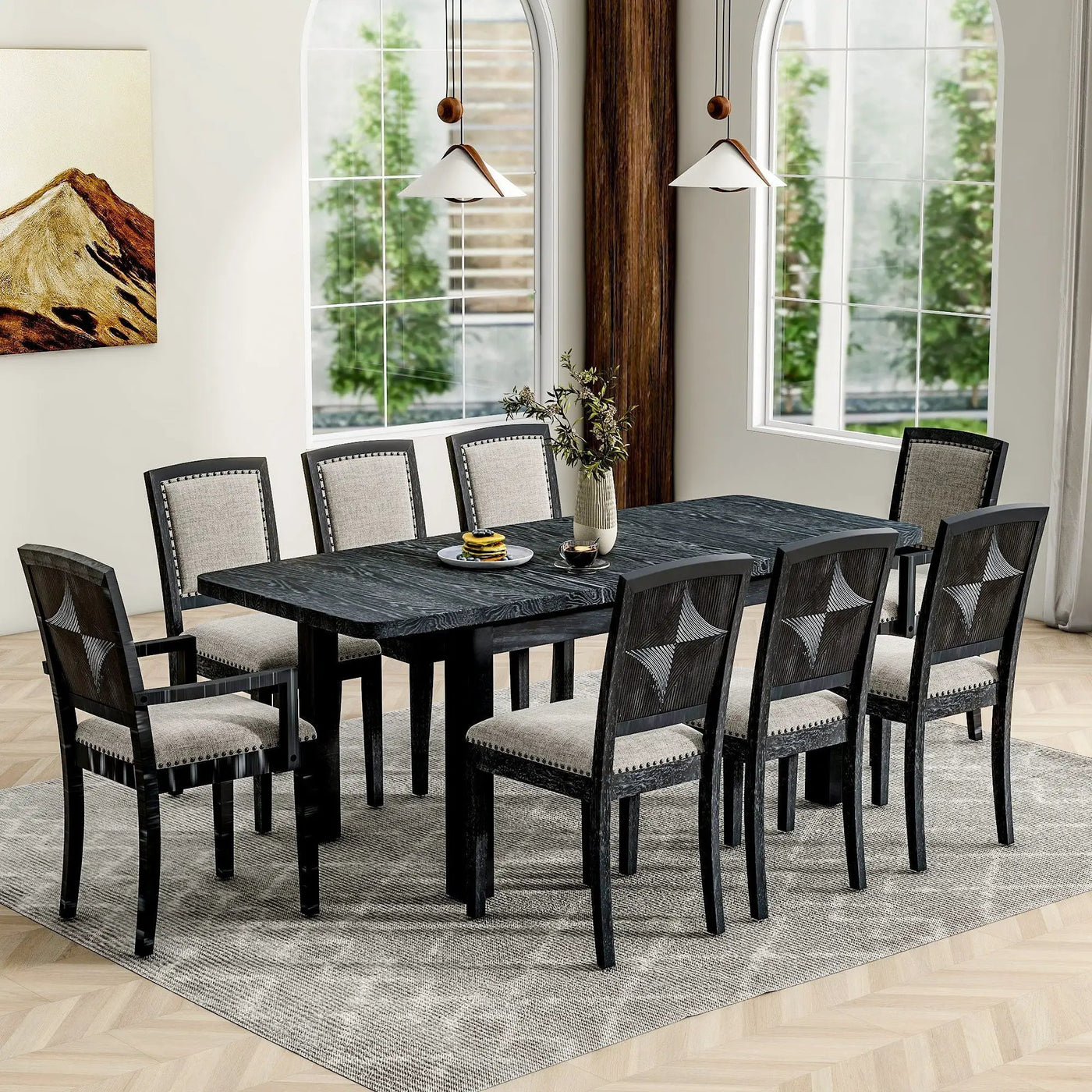 Topmax - Rustic Extendable Dining Table Set With Removable Leaf, 6 Upholstered Armless Dining Chairs And 2 Padded Arm Chairs, 9 Pieces by Unique Piece Furniture