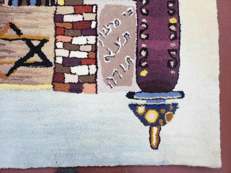 Vintage Judaica Pictorial Rug 3x5, Wool Hand-Tufted Israeli Signed Rug, Jerusalem Rug, Star of David Torah Scroll Verses, Chanuka Gift by Jewel Rugs