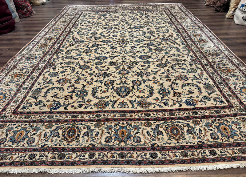 Persian Kashan Rug 10x14, Bone - Beige and Blue, Allover Pattern, Traditional Persian Carpet, Fine 260 KPSI by Jewel Rugs