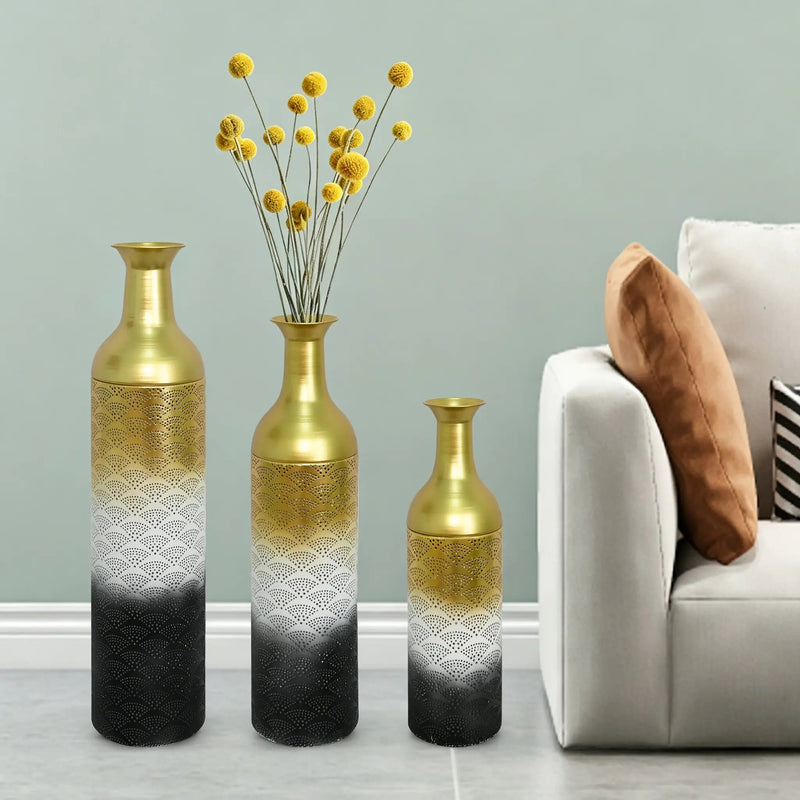 Decorative Metal Vases Set of 3, Leaf Pattern Floor Vases by HouseOfZazla