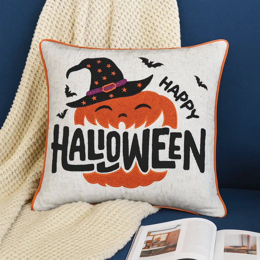 Embroidered Halloween Pumpkin Accent Pillow by HouseOfZazla
