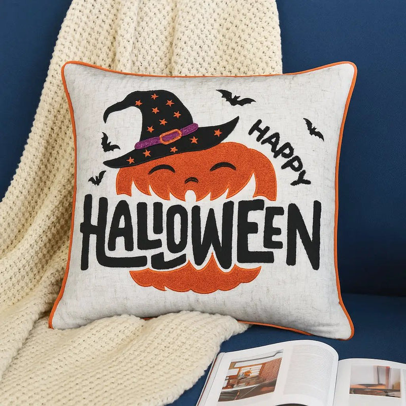 Embroidered Halloween Pumpkin Accent Pillow by HouseOfZazla