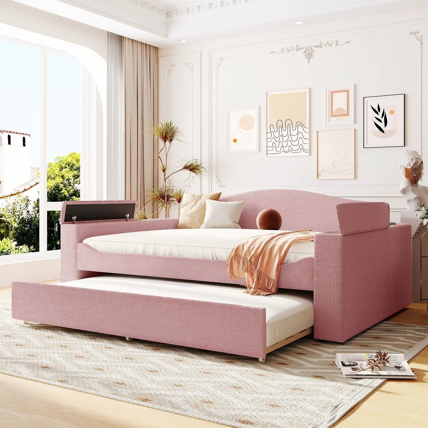 Upholstered Daybed With Storage Armrests, Trundle And Latest Integrated tooth Audio System by HouseOfZazla