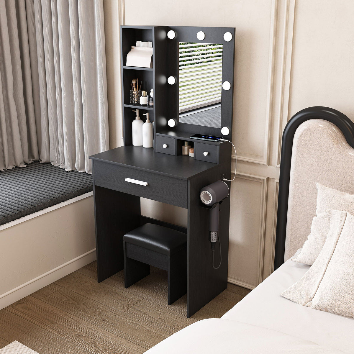 Vanity Set with Mirror, Adjustable LED Lights & Power Outlet - Wood & Mirror, photo 9 of 12
