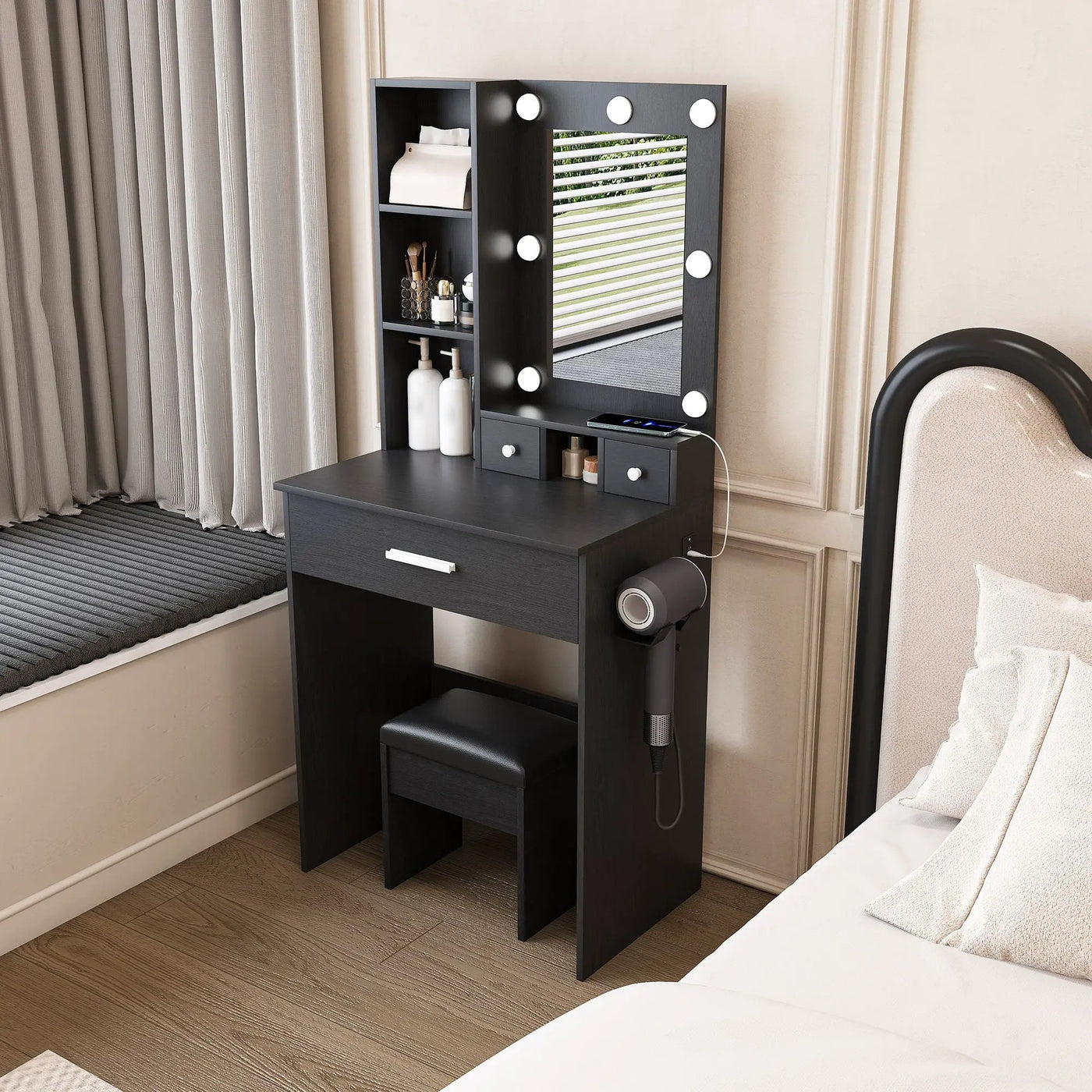 Vanity Table With Mirror, Adjustable LED Lights, Power Outlet, Hairdryer Holder & Stool by Unique Piece Furniture