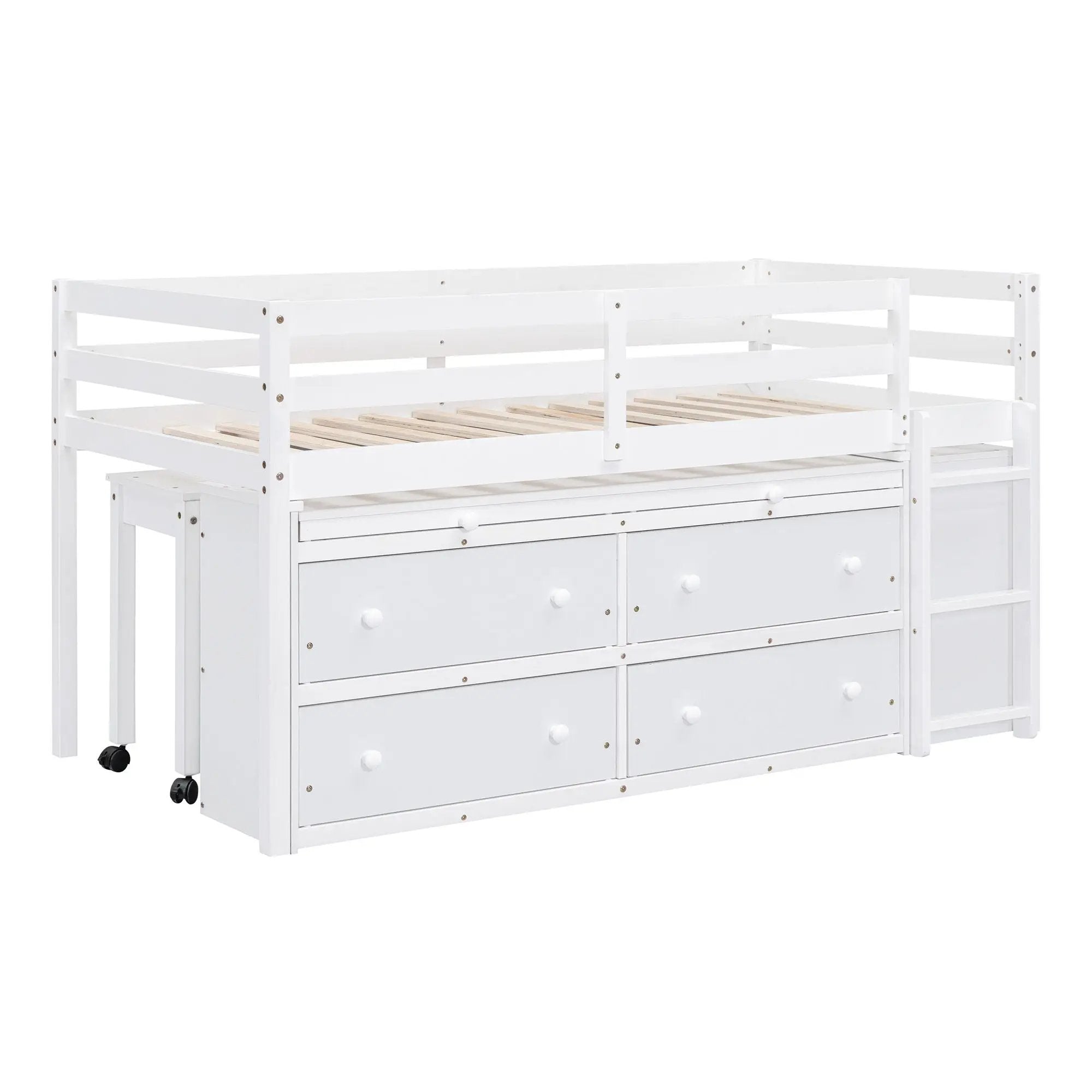 Loft Bed With Retractable Writing Desk And 4 Drawers, With Lateral Portable Desk And Shelves by HouseOfZazla