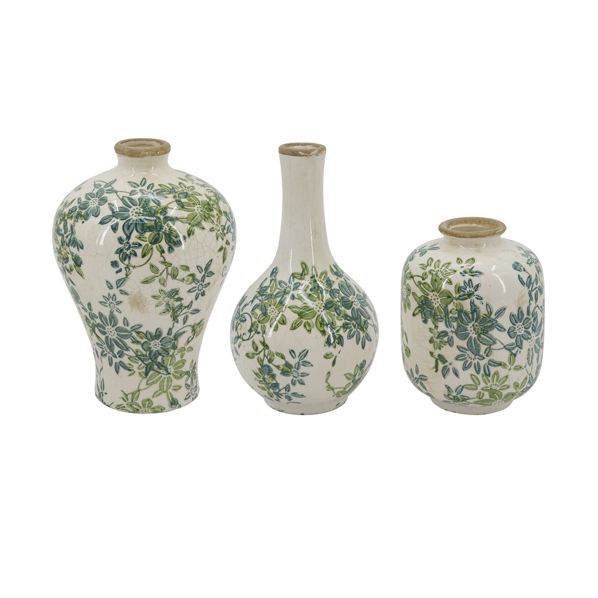 Set of 3 Floral Ceramic Vases with Crackled Ivory Finish - Green Floral Design, photo 3 of 8