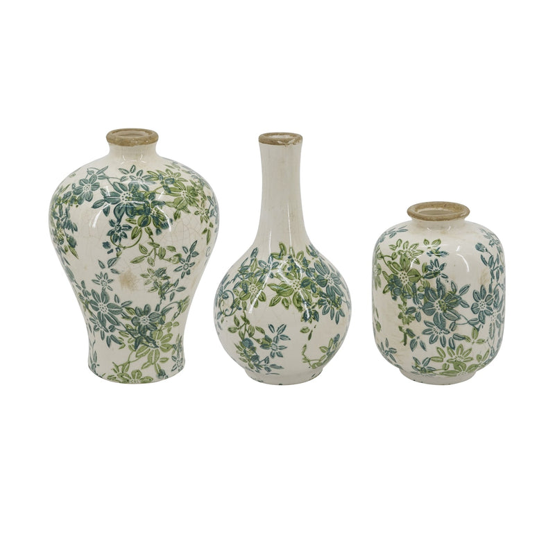 Set of 3 Floral Ceramic Vases with Crackled Ivory Finish - Green Floral Design, photo 3 of 8
