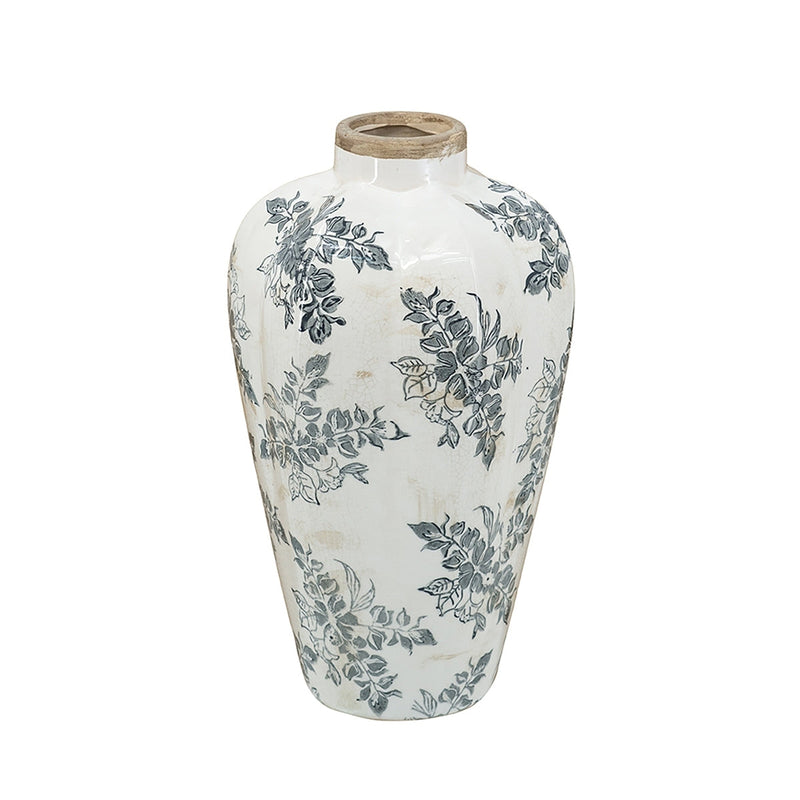 8.1x8.1x13.6' White Ceramic Accent Vase with Gray Floral Design by HouseOfZazla