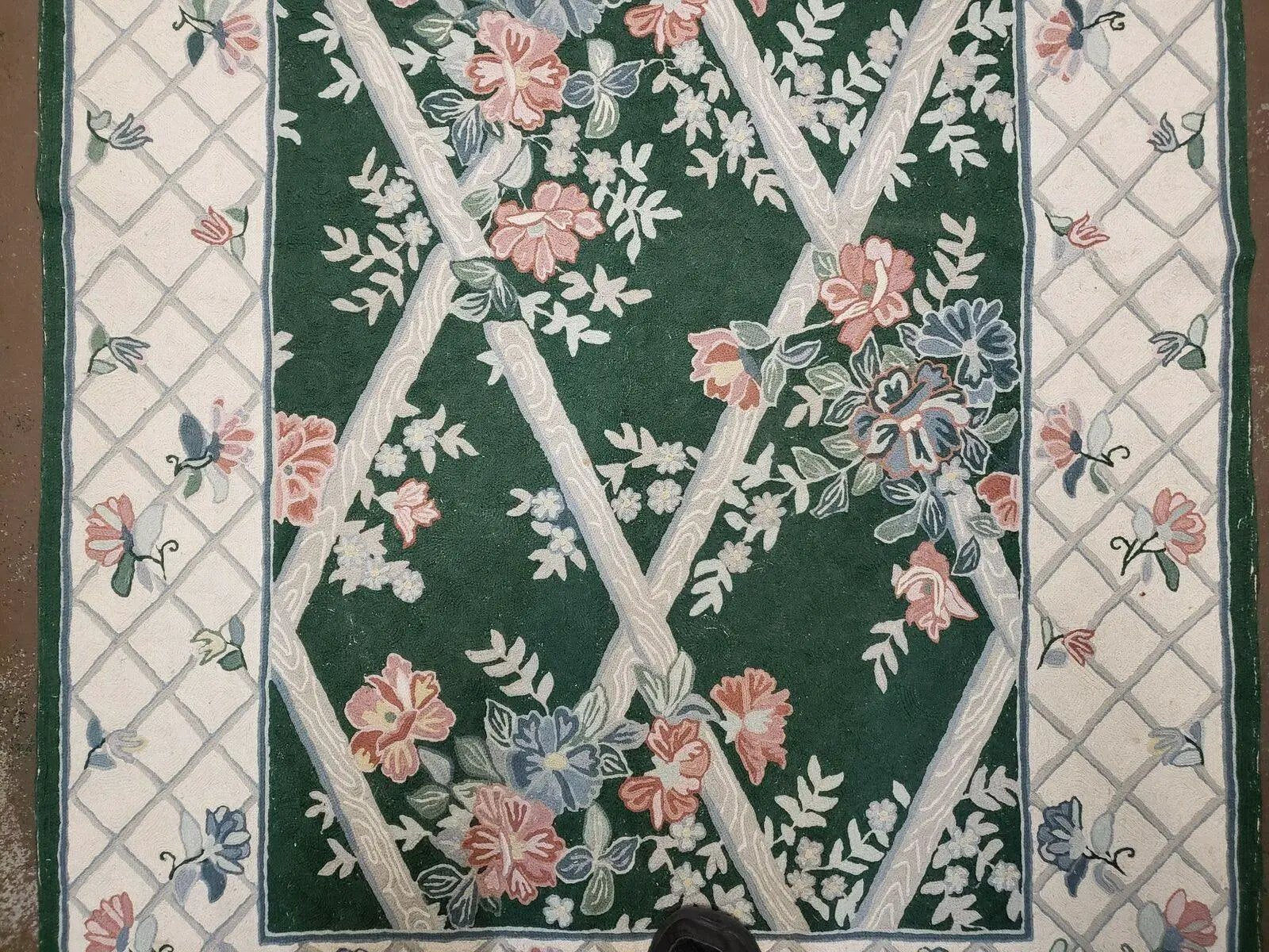 3' 6" X 5' 6" Hand Stitched Indian Wool Rug with Backing Green Beige by Jewel Rugs