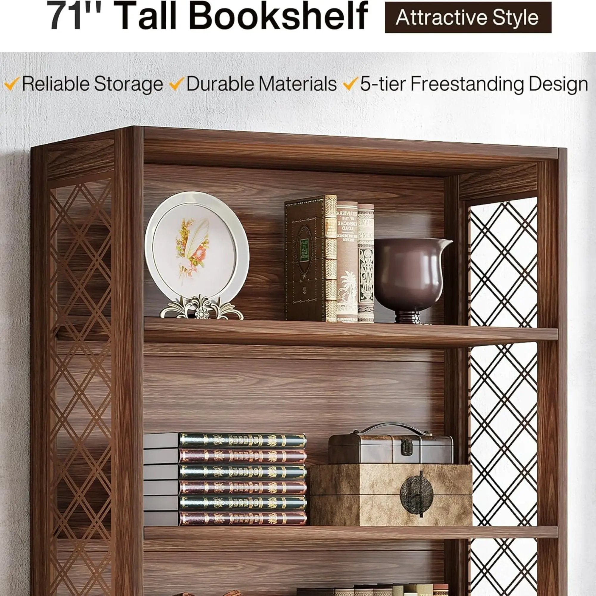 6 Tier Brown Mid Century Bookcase With X Design For Living Room - Brown by HouseOfZazla