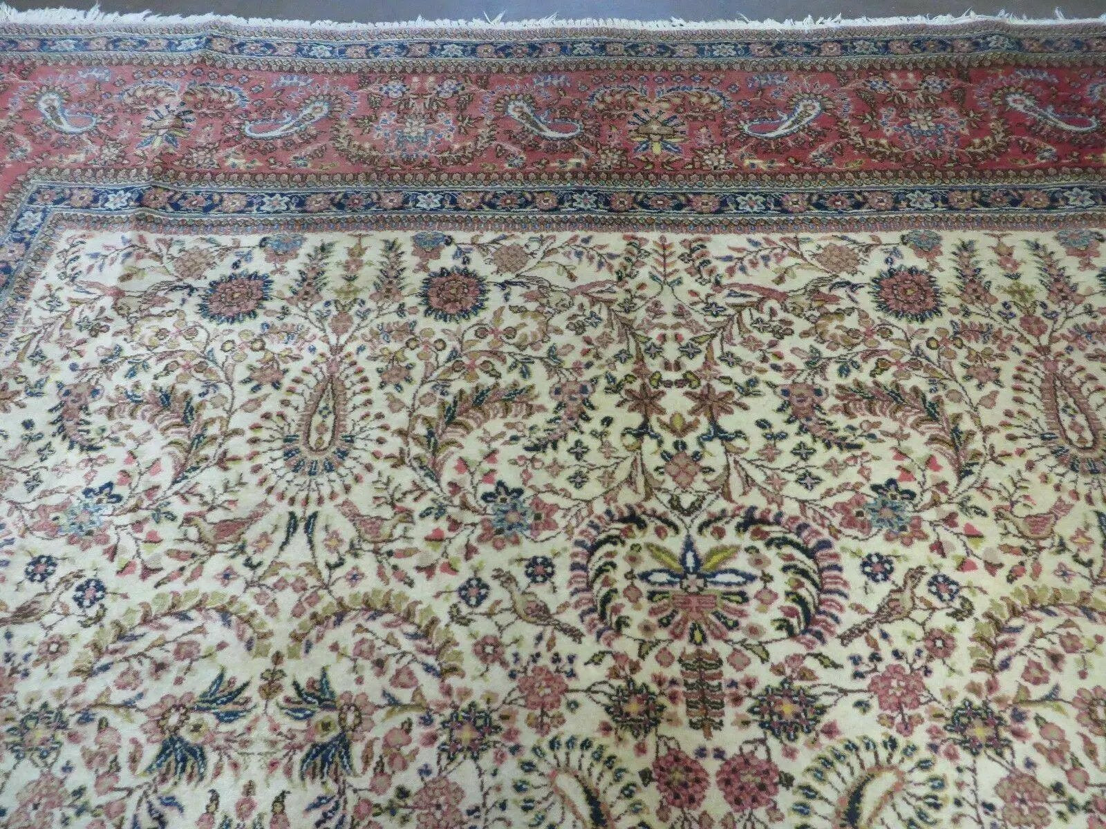 Persian Tabriz Rug 8x10, Bird Motifs Floral, Boteh Paisleys, Cream and Red, Handmade Wool Carpet by Jewel Rugs