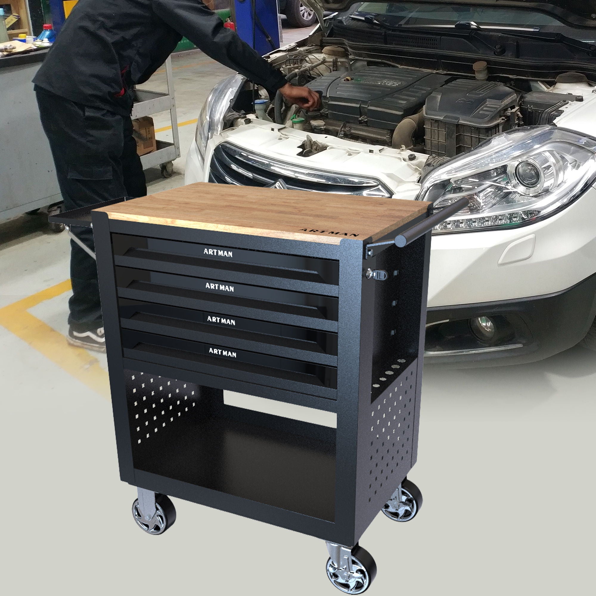 4 Drawers Multifunctional Tool Cart With Wheels And Wooden Top by HouseOfZazla