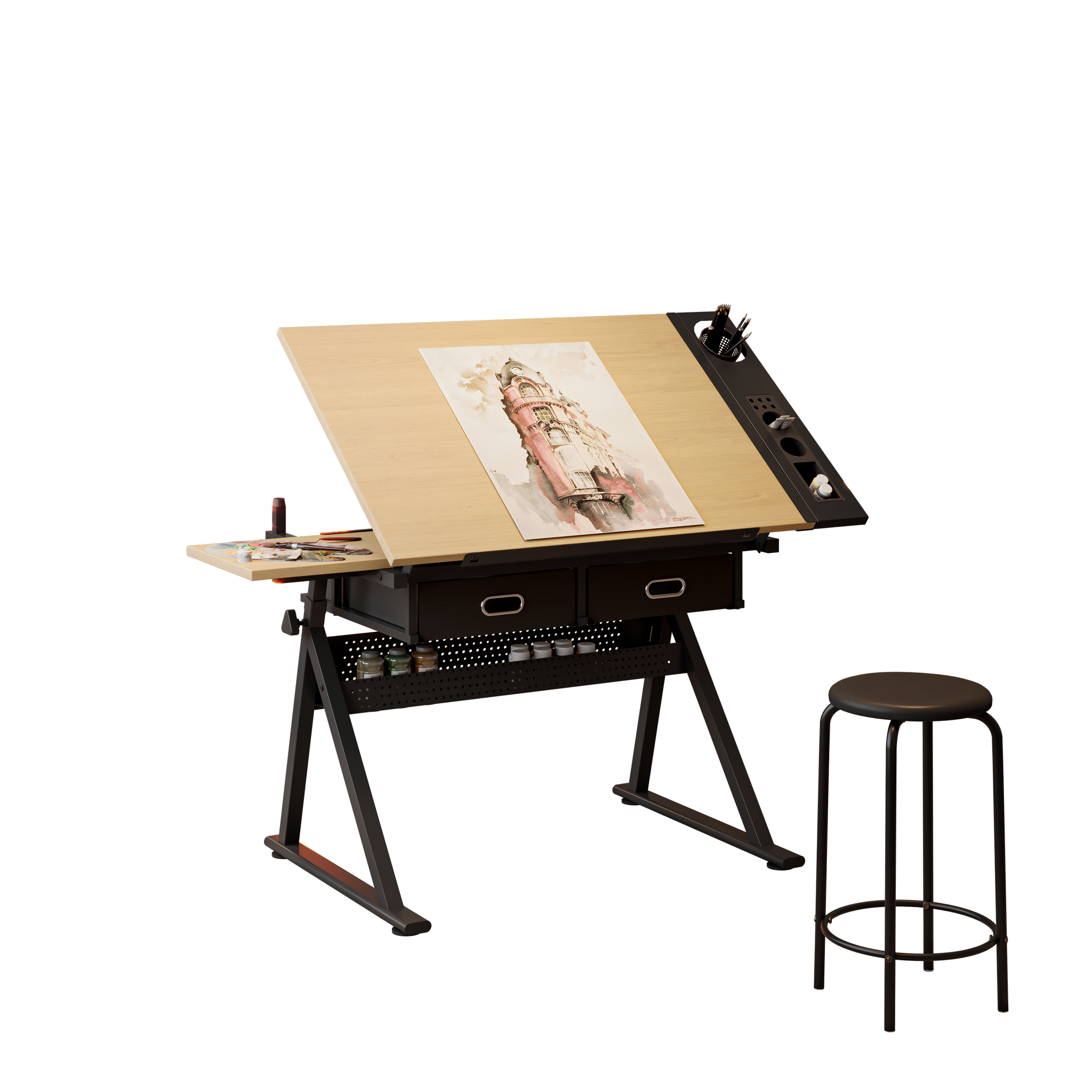 Adjustable Drawing Drafting Table Desk With 2 Drawers - Maple by HouseOfZazla