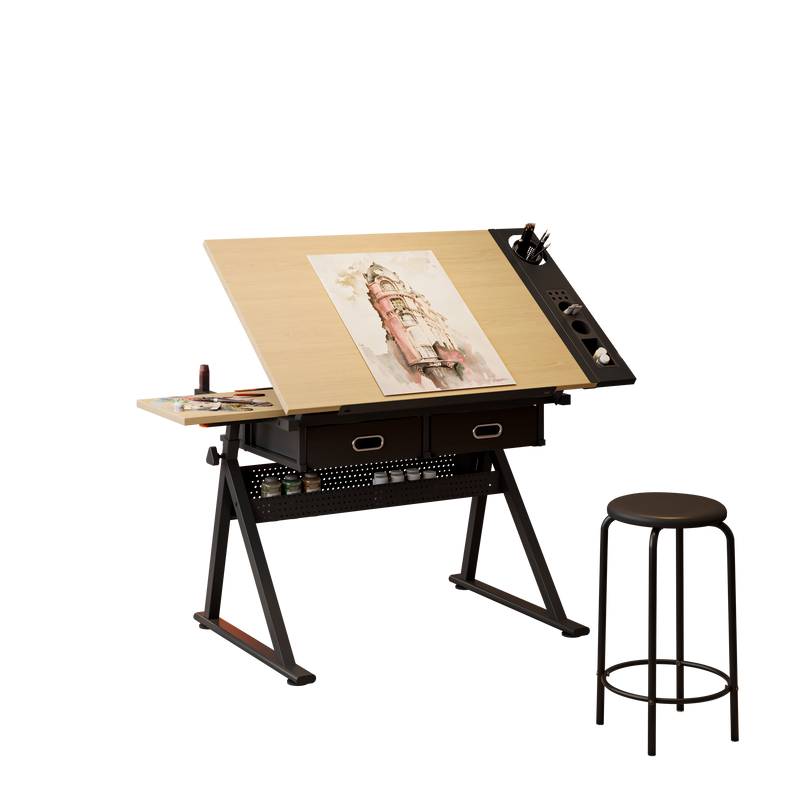 Adjustable Drawing Drafting Table Desk With 2 Drawers - Maple by HouseOfZazla